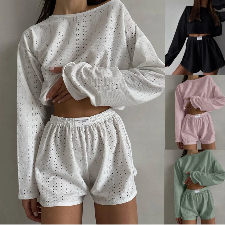 

Women's casual suit: hollow-out, stylish, simple, loose-fitting pullover long-sleeve top and shorts