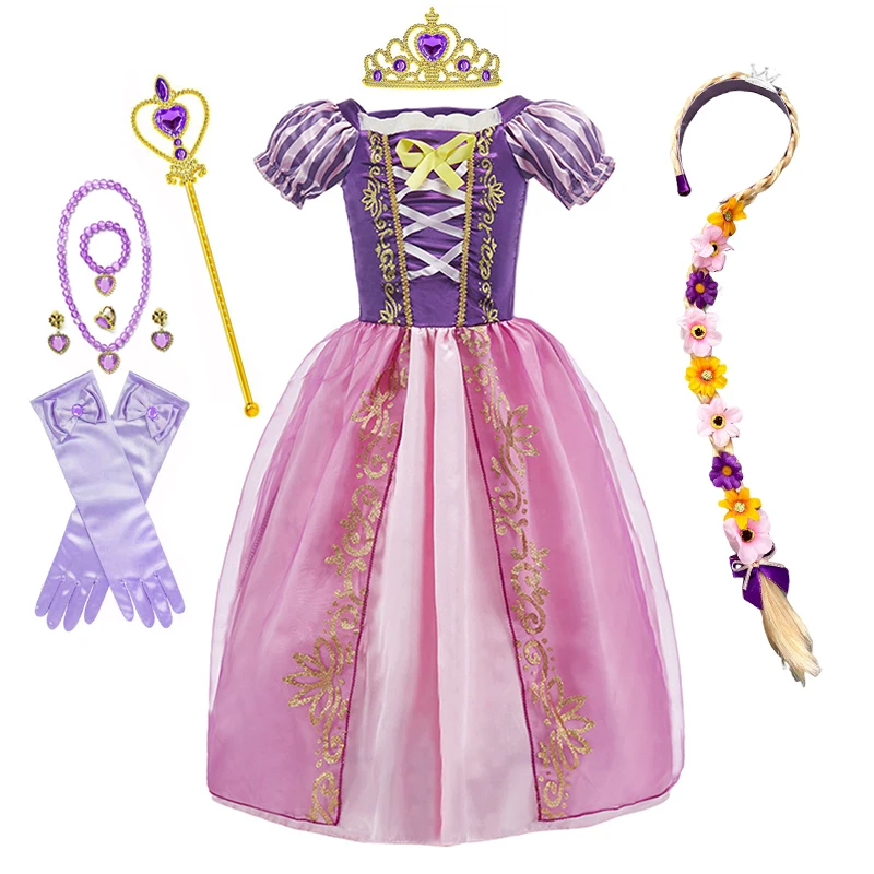 Rapunzel Princess Dress for Girls Cosplay Purple Puff Sleeve Tangled Halloween Costume Kids Birthday Clothes Ball Gown Vestidos