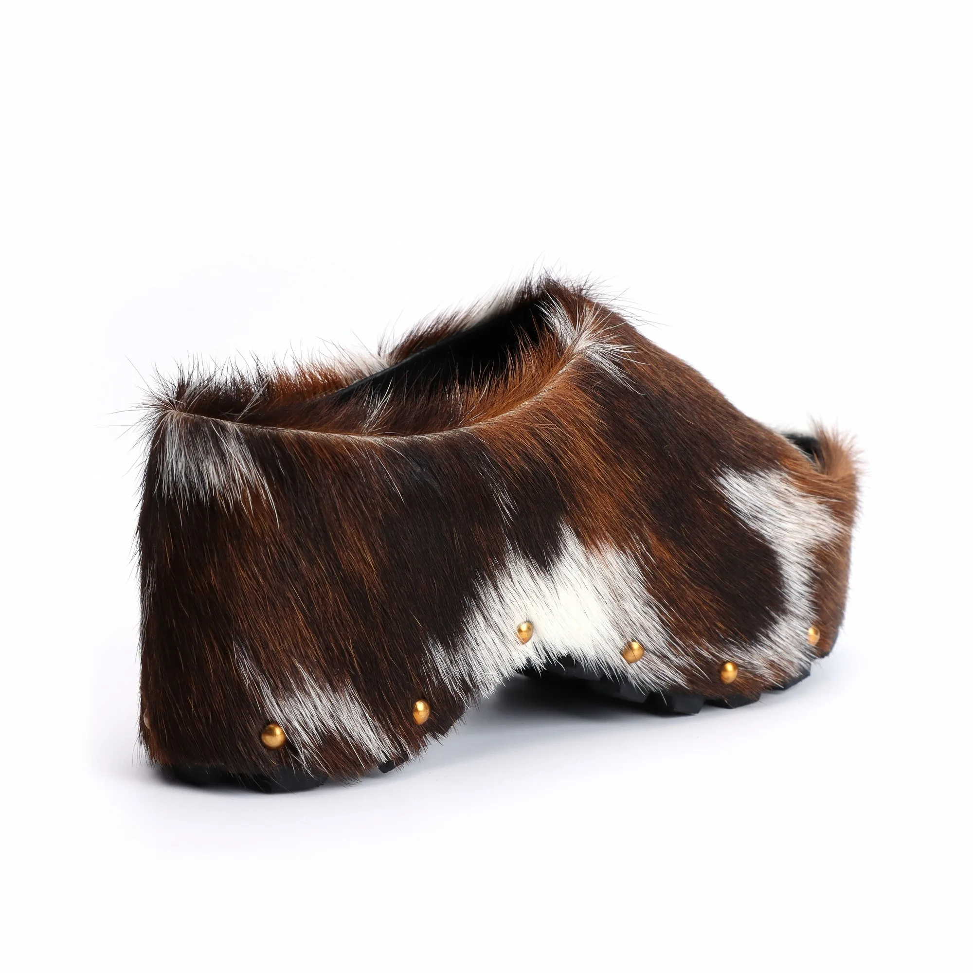 Handmade Women's Platform Fur Clogs, Arch Support Slip-On Mules with Natural Calf Hair,Studded Vintage Cowboy Style Slippers