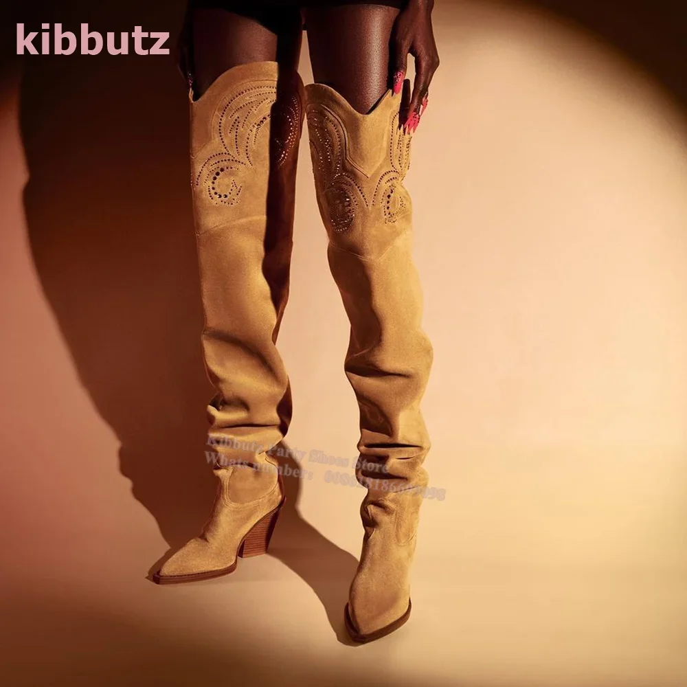 Blue Embroidery Boots Over The Knee Suede Pointed Toe Square Heel Slip-On Cowboy Fashion Runway Show Sexy Concise Women Shoe New