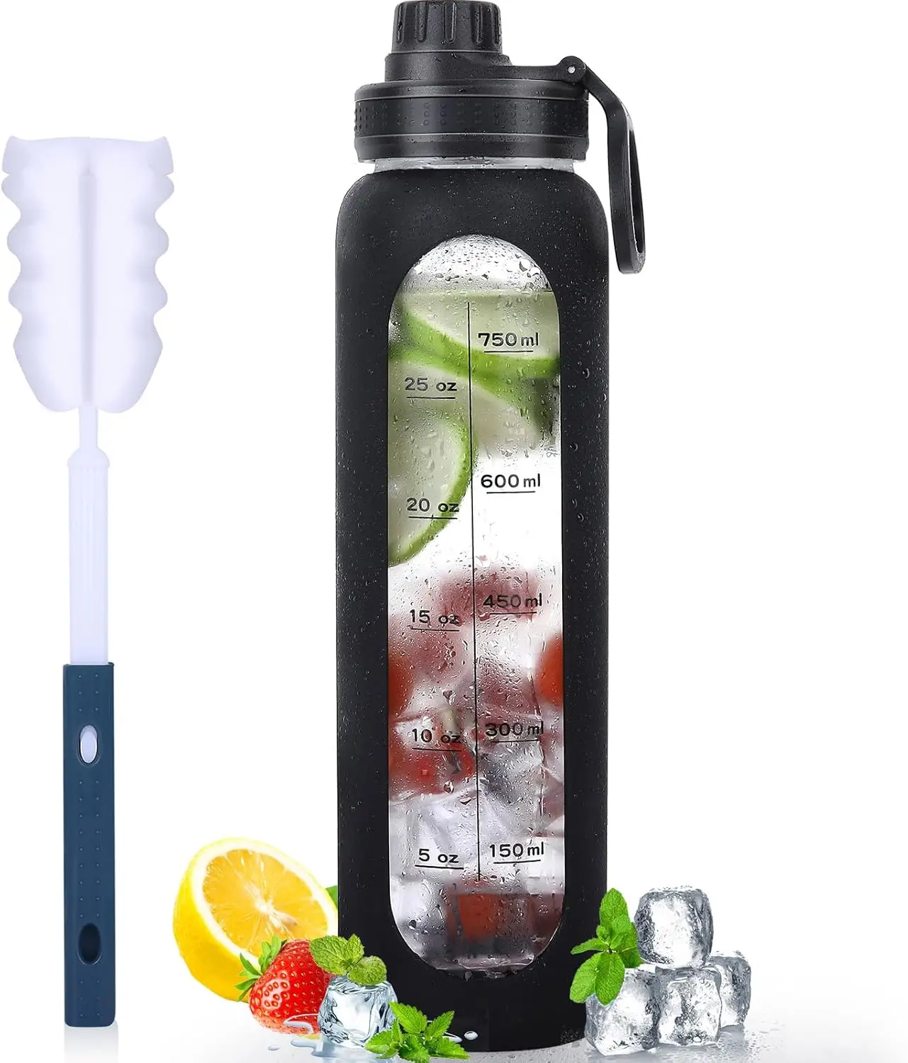 

Бутылка для воды из боросиликатного стекла объемом 32 унции с силиконовым чехлом, широким горлышком, маркером времени, крышкой-носиком и щеткой — многоразовая фляга для гидратации