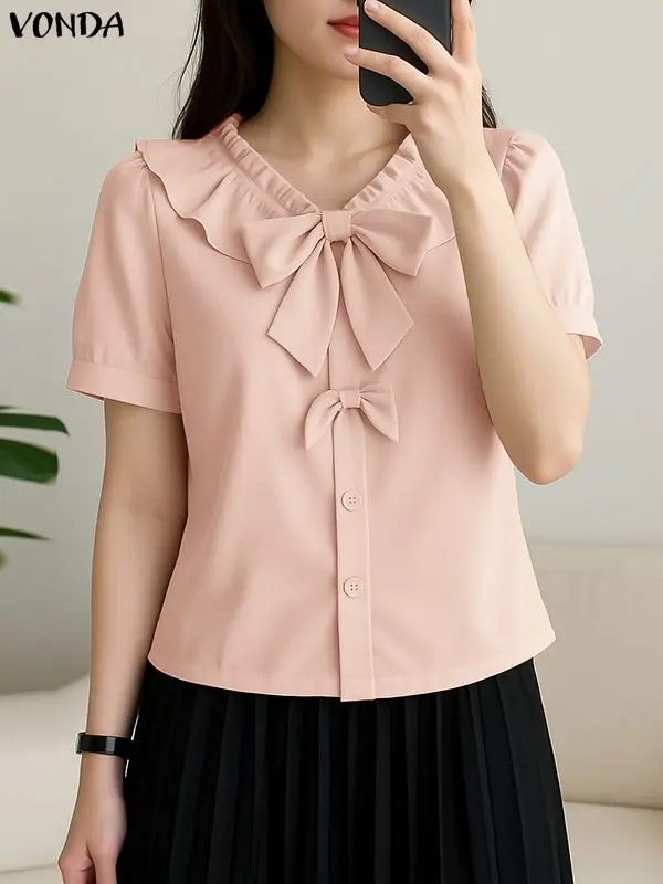 VONDA Elegante Office Lady Camicie Donna Estate Manica corta Colletto con fiocco Tunica Moda Top 2025 Elegante tinta unita Casual Blusas