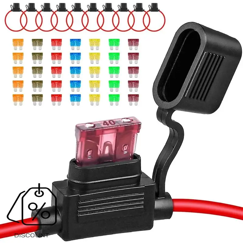 ABJO-10Pack حامل فيوز مضمن 12 فولت، 12 AWG حامل فيوز مقاوم للماء مع 35 قطعة (5A/7.5A/10A/15A/20A/30A/40A) صمامات السيارة القياسية