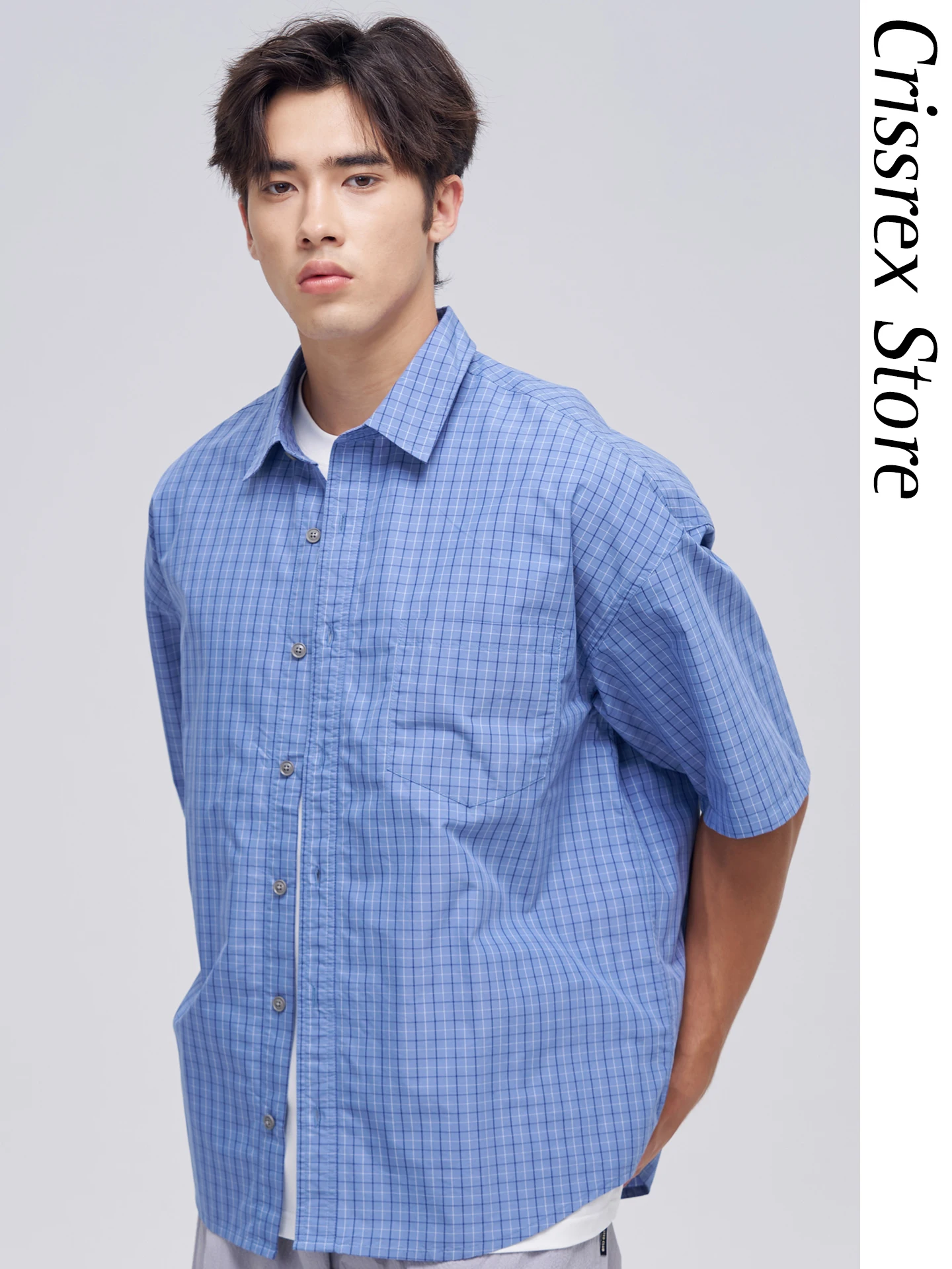 

Seelub White Label 100-Thread Count Long Staple Cotton Precision Spun Yarn Plaid Short Sleeve Shirt Casual Loose Fit Summer Wear