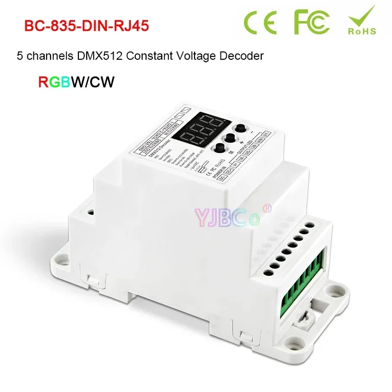 1CH 3CH 4CH 5CH DIN Rail Constant Voltage DMX512 Decoder 12V-24V DMX512/1990 PWM RJ45 Single color/RGB/RGBW/RGBCW LED Controller