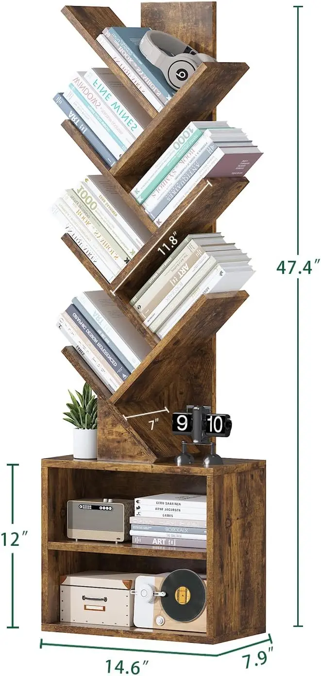 

6 Tier Tree Bookshelf,Small Bookcase With Storage Cabinet, Modern Tall Narrow Bookshelves Organizer, Floor Standing Book Shelf