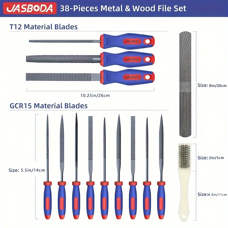 38PCs Metal File Set, Metal Files, Metal Files for Steel, 9 Needle Files with Case, Riffler File, 24 Sandpapers, Steel Brush, 1