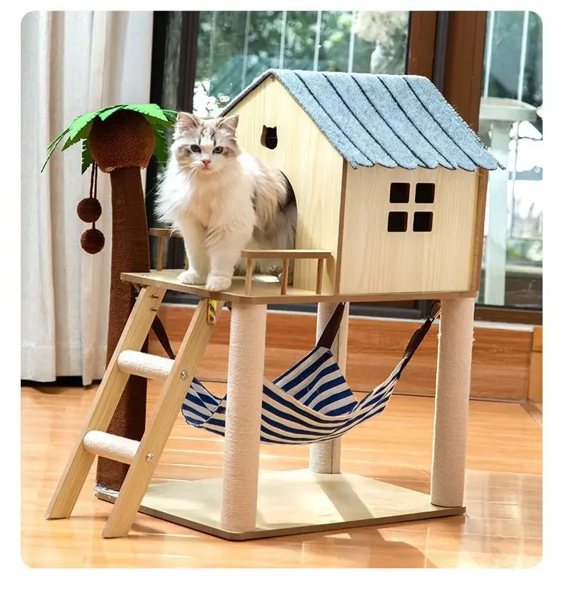 2023 Handmade Board Pet Wooden Tree House Sisal Rope Scratch Posts Cat Climbing Frame Natural Cat Trees For Big Cats