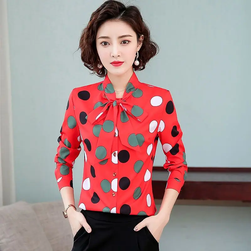 Vintage Printed Lace Up Bow Polka Dot Shirt Women's Clothing 2023 Autumn Winter New Loose Casual Tops Office Lady Blouse