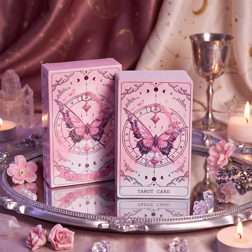 Jeu de cartes de tarot « Papillon rose », 78 cartes, cartes de tarot en anglais avec leurs significations, cartes d’oracle pour débutants, idéal pour la divination et la lecture des tarots, style sorcier.