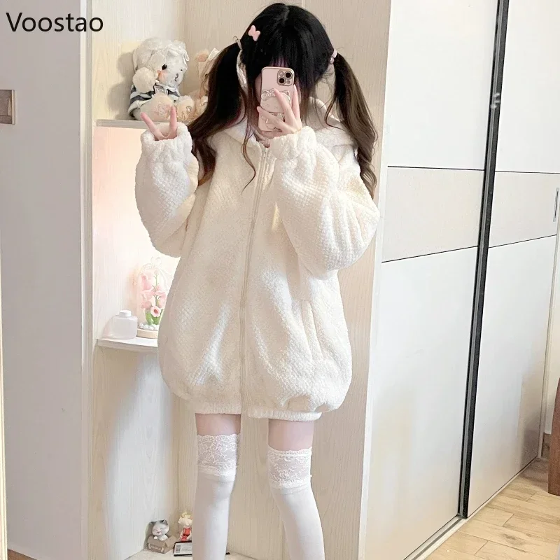 Sweet Lolita Style Rabbit Ears Hooded Coats Women Autumn Winter Fashion Oversize Warm Jackets Cute Y2k Bunny Zipper Sweatshirt