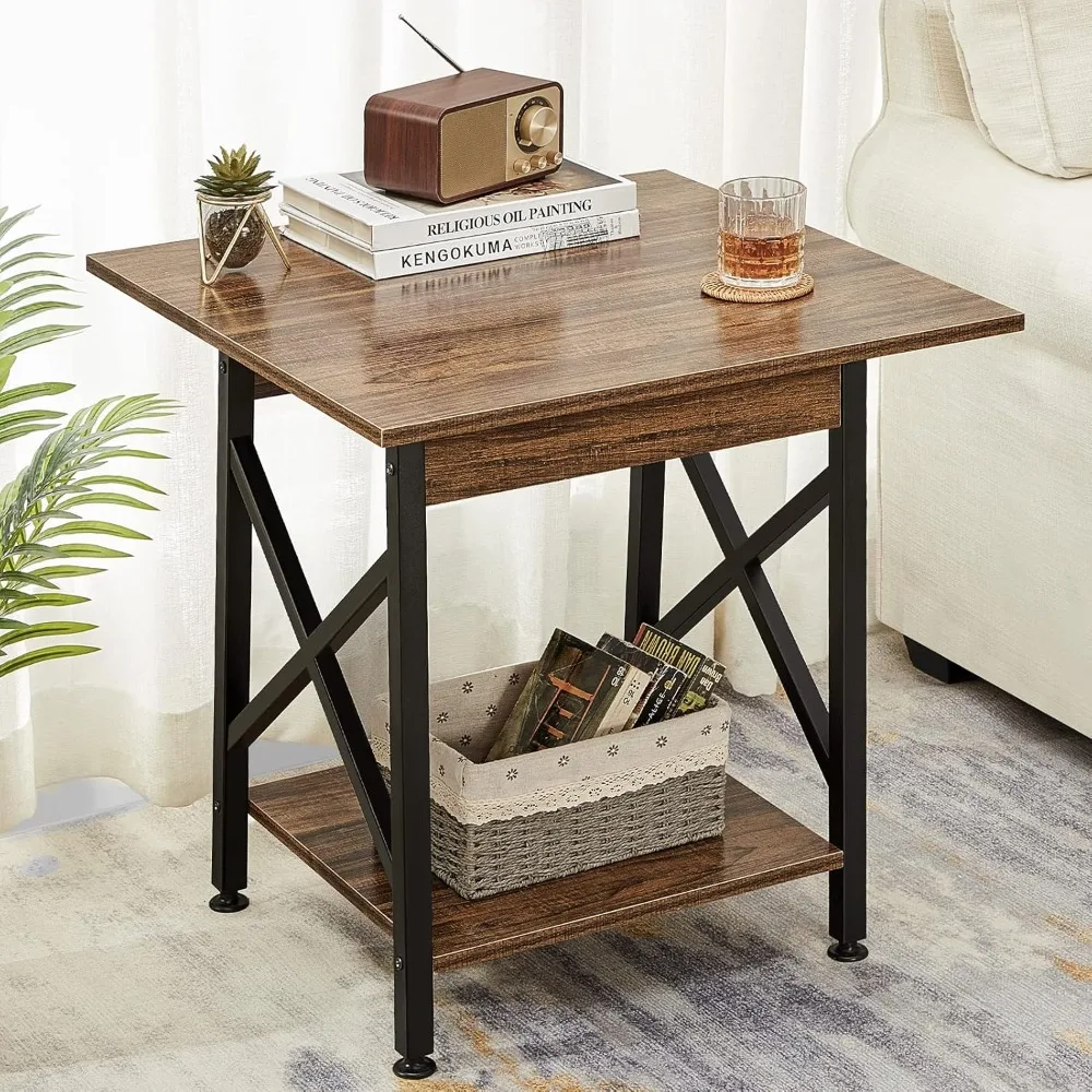 End Table 24 inch Industrial Design Side Table with Storage Shelf for Living Room, Easy Assembly Rustic, Rustic Walnut