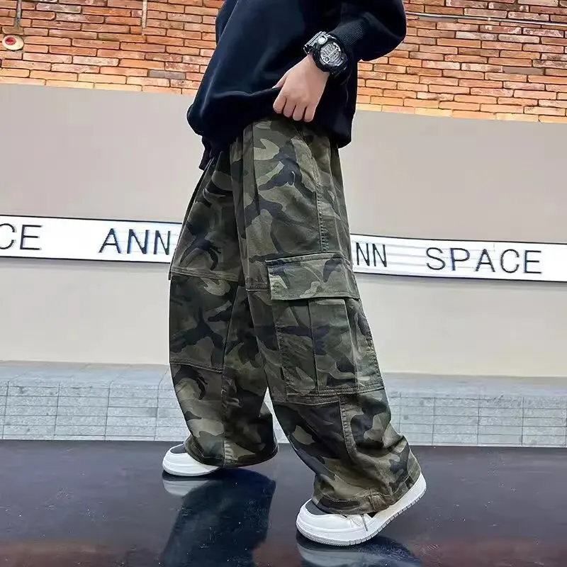 

New Boys' Loose Camouflage Pants Autumn Outdoor Sports Trousers 110-170 American High Street Kids Green Casual Pants 2025
