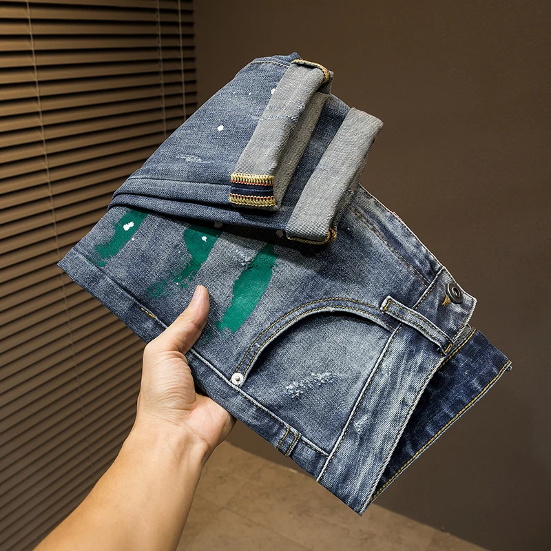 Fashion Street Personalised Colourful Painted Designer Hip Hop Pants Mens Jeans Vintage Blue Micro Stretch Slim Hole Hombre