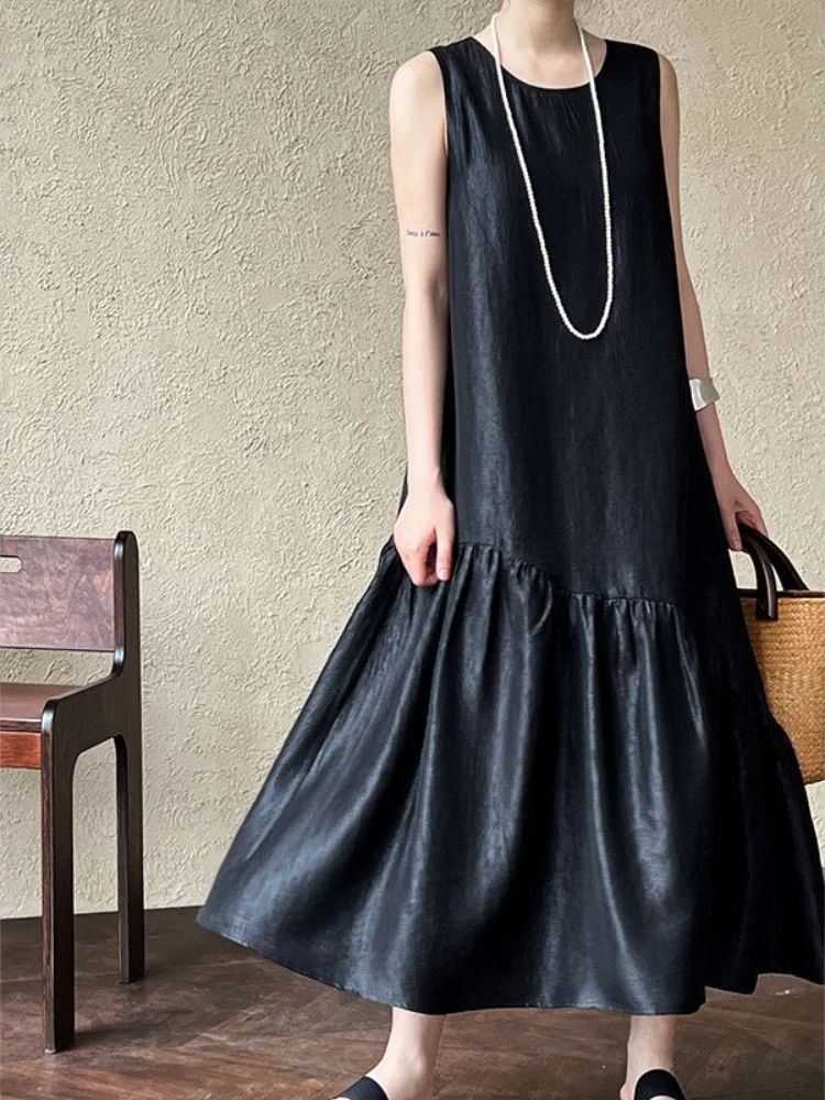 2025 여름 여성용 신상 진주빛 슬리브리스 언밸런스 스플라이싱 피쉬테일 탱크탑 드레스 (민족 디자인)