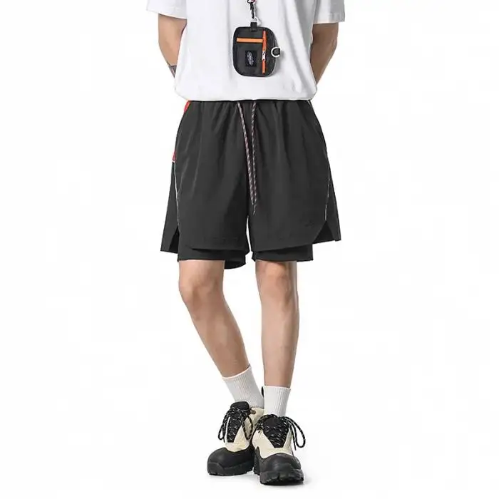 Outdoor Casual Running Sports Men's Shorts Summer Thin Colorblock Loose Wide Leg Fake Two Pieces Knee Length Pants YNHD