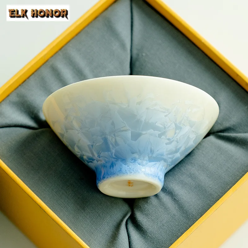 75ml Creative Sky Blue Ice Flower Crystal Glazed Teacup High End Kiln Change Hat Master Cup Puer Tasting Tea Bowl Chazhan Gifts