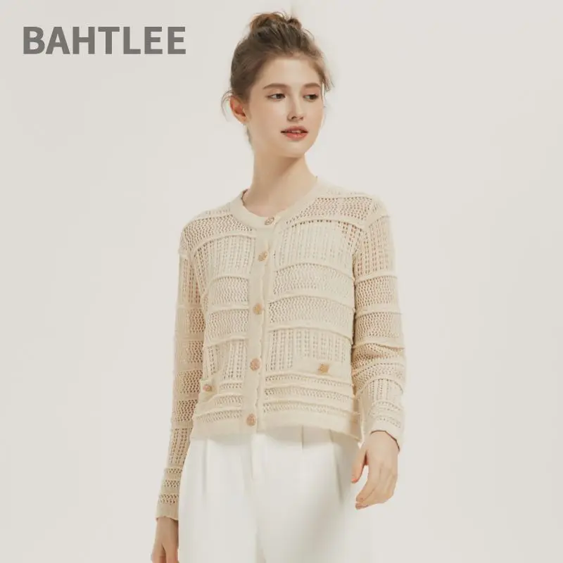 BAHTLEE-Gebreid vest voor dames, wollen jas, trui met ronde-hals, lange mouwen, driedimensionale gestreepte zakknopen, lente