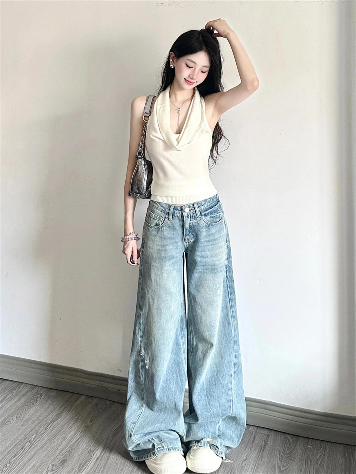 

Extended High Waist Ripped Low Waist Wide Leg Jeans Women's Loose Drapey Floor-Length Blue Denim Casual Cotton Jeans