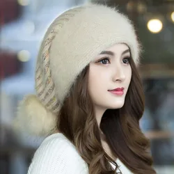 Women Winter Hat Decorate Beanie Hats Rabbit Fur Warm Winter Cap for Female Casual Streetwear Knitted Caps Gorras Para Mujer 모자