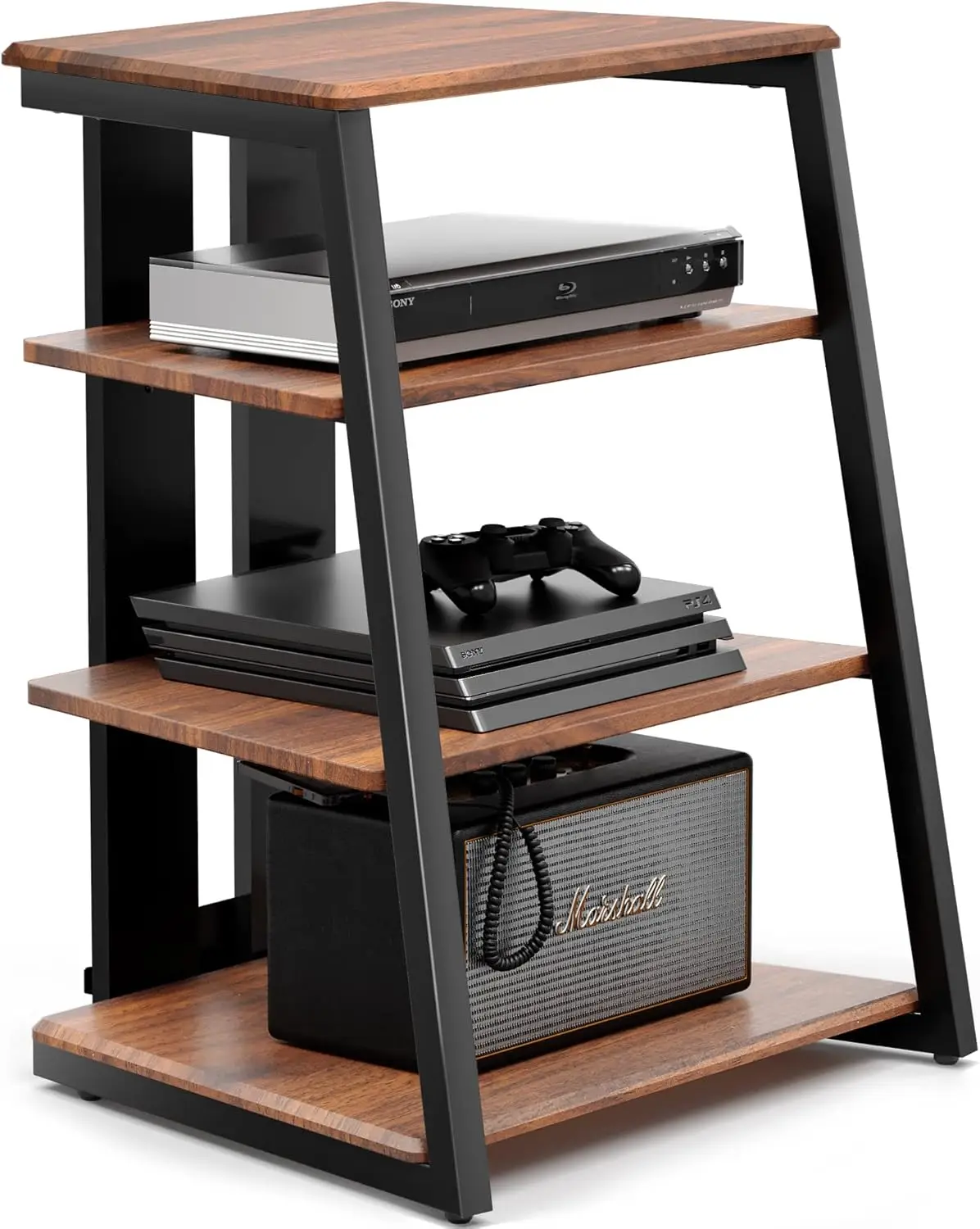 4-Tier AV Media Stand Corner Shelf for Record Player Wooden Stereo Cabinet Audio Rack Tower with Height Adjustab