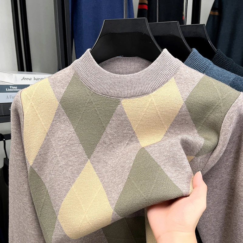 

Personality plaid printed knitted sweater men round neck pullover Korean style fashion high-quality comfort autumn winter top