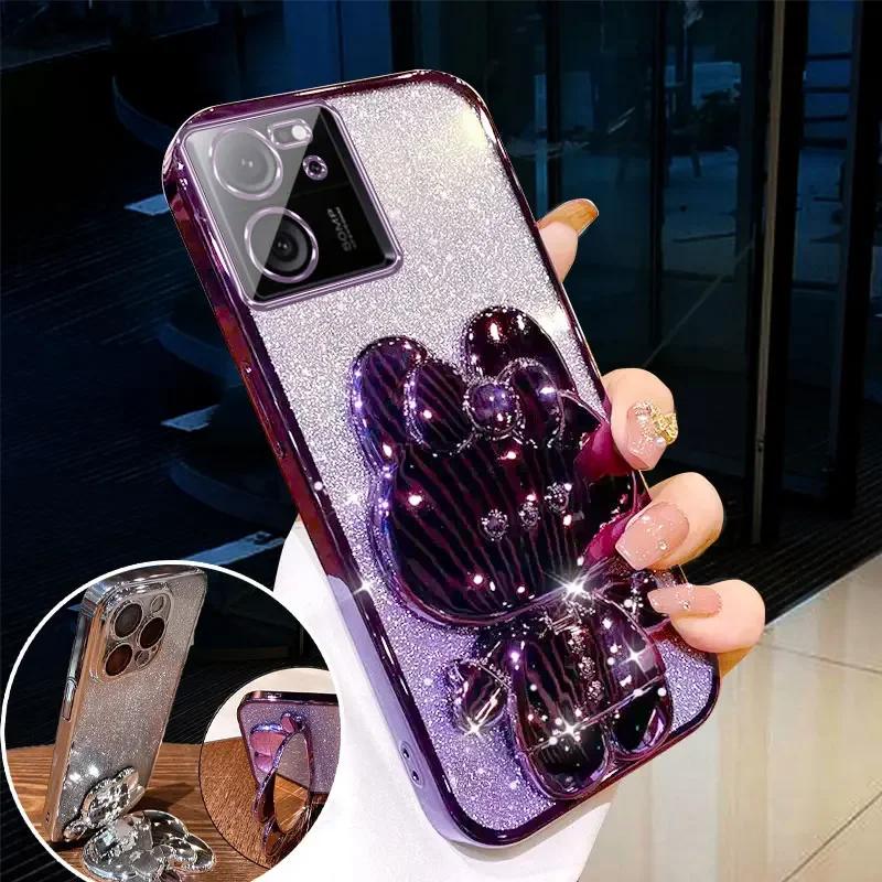 Luxury Glitter Plating Rabbit Holder Mirror Case for Redmi A3 13C 12 10 C R Note 13 Pro Plus 4G 5G  Shockproof Cover