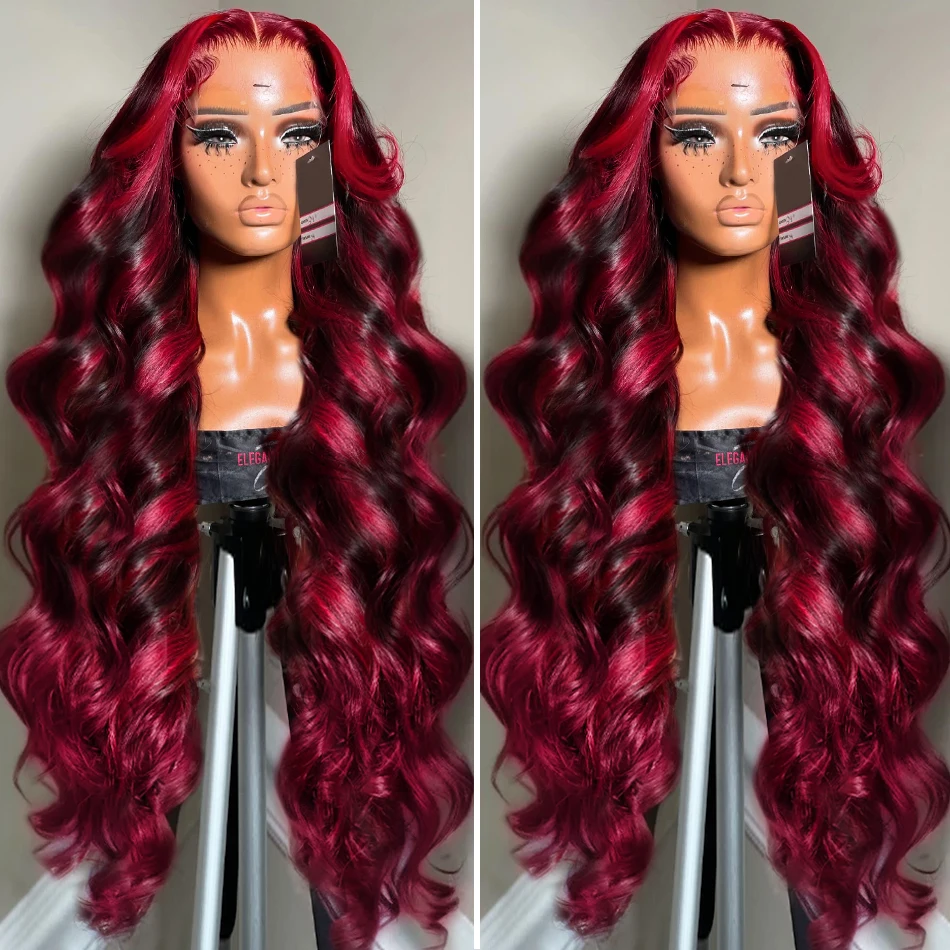 Body Wave 1B/99j Burgundy Highlight Lace Front Wig Origina Colored Human Hair 13x4 13x6 HD Lace Frontal Wig 200 Density Wine Red