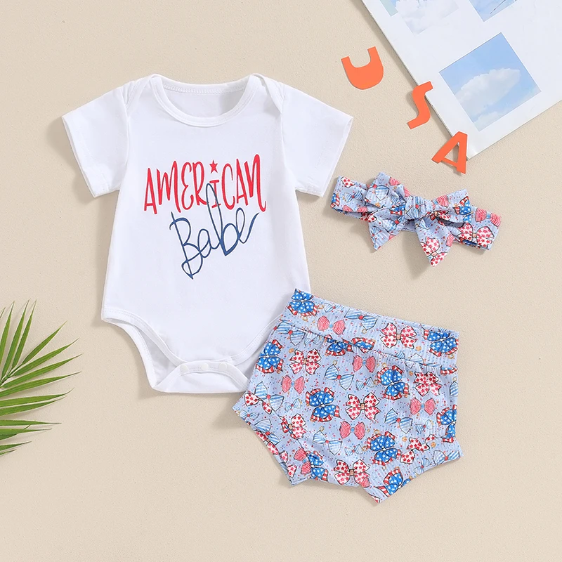 

4th of July Baby Girls Outfits Letter Print Short Sleeve Rompers Bowknot Print Shorts Headband 3Pcs Clothes Set