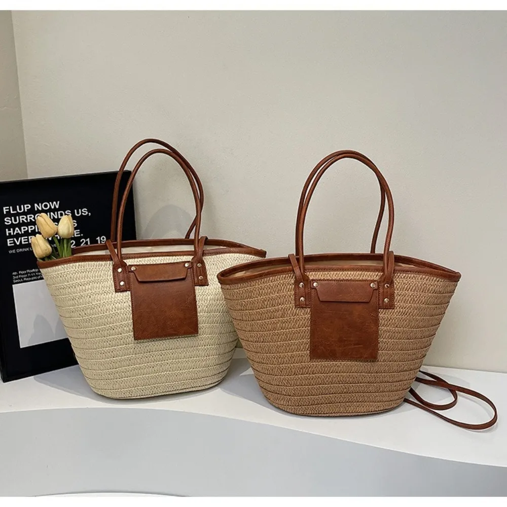 Vintage Style Straw Baskets Bag Handmade Woven Raffia Circle Woven Shoulder Bag Large Capacity Rattan Material Beach Bag