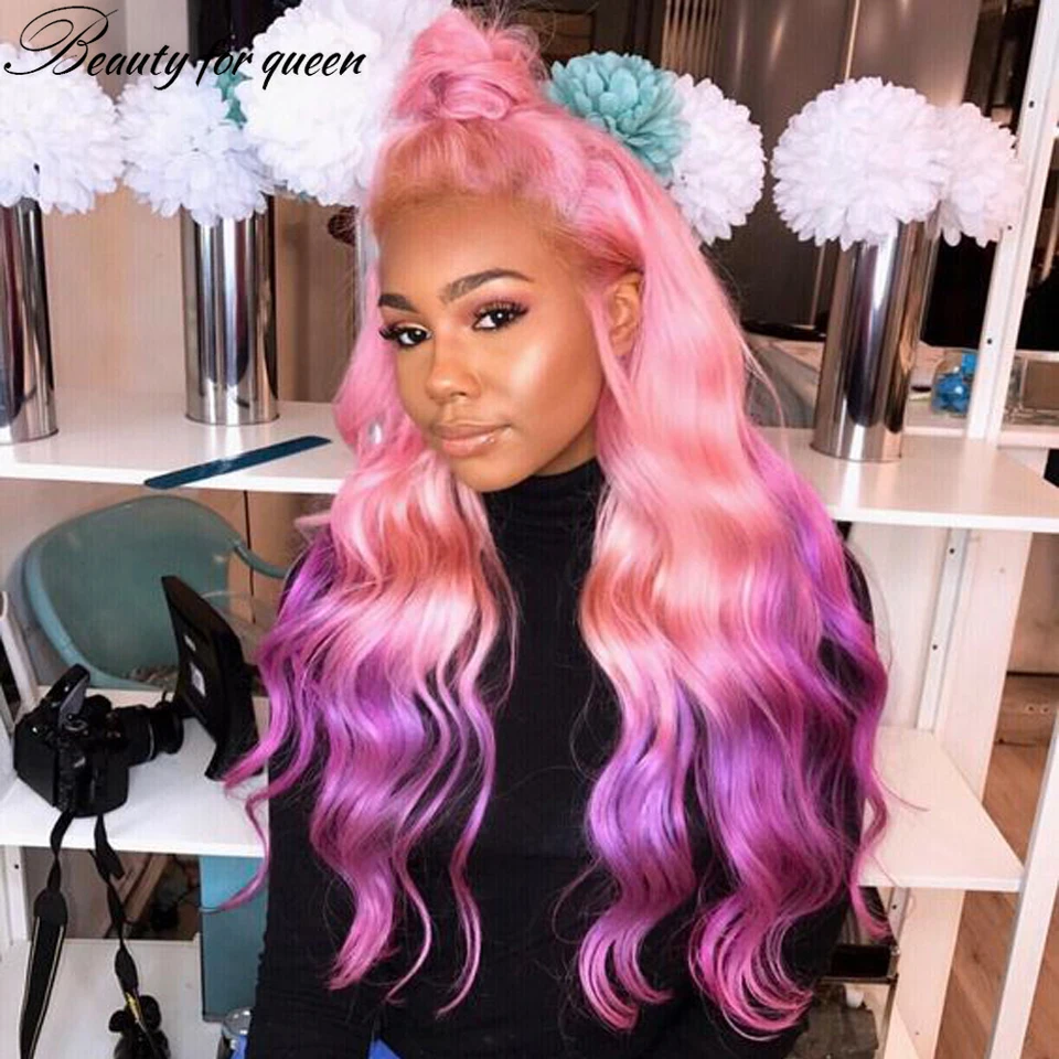 

Transparent 13x4 HD Lace Frontal Wigs Pink Purple Body Wave Brazilian Colored Grey Purple Human Hair Wig Pre Plucked For Women