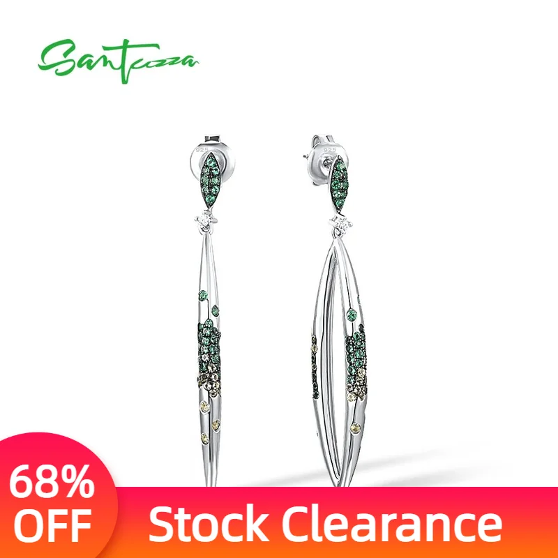 

SANTUZZA Silver Earrings For Women 925 Sterling Silver Green Spinel White CZ Geometric Dangling Earrings Delicate Fine Jewelry