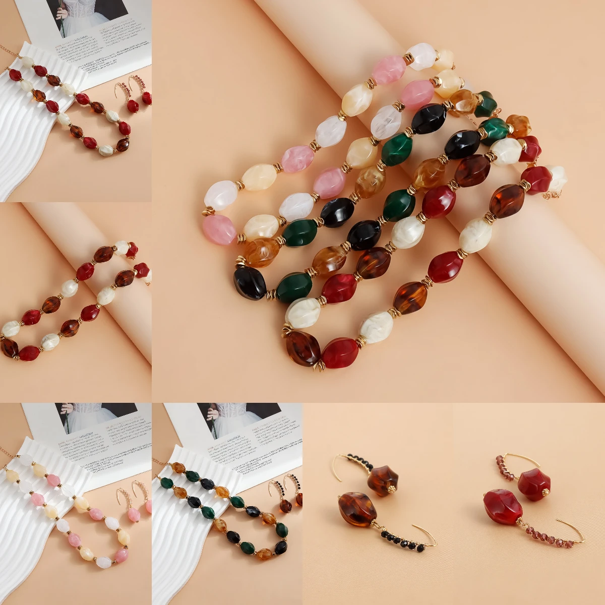 Cross border jewelry retro simple acrylic color blocked bead necklace, personalized dopamine versatile accessory