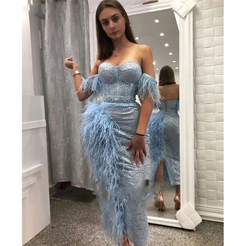 Dubai Sky Blue Evening Dress 2023 Fashion Off the Shoulder Feathers Sheath Lace Gowns Luxury Applique Tassel Women Party Dress