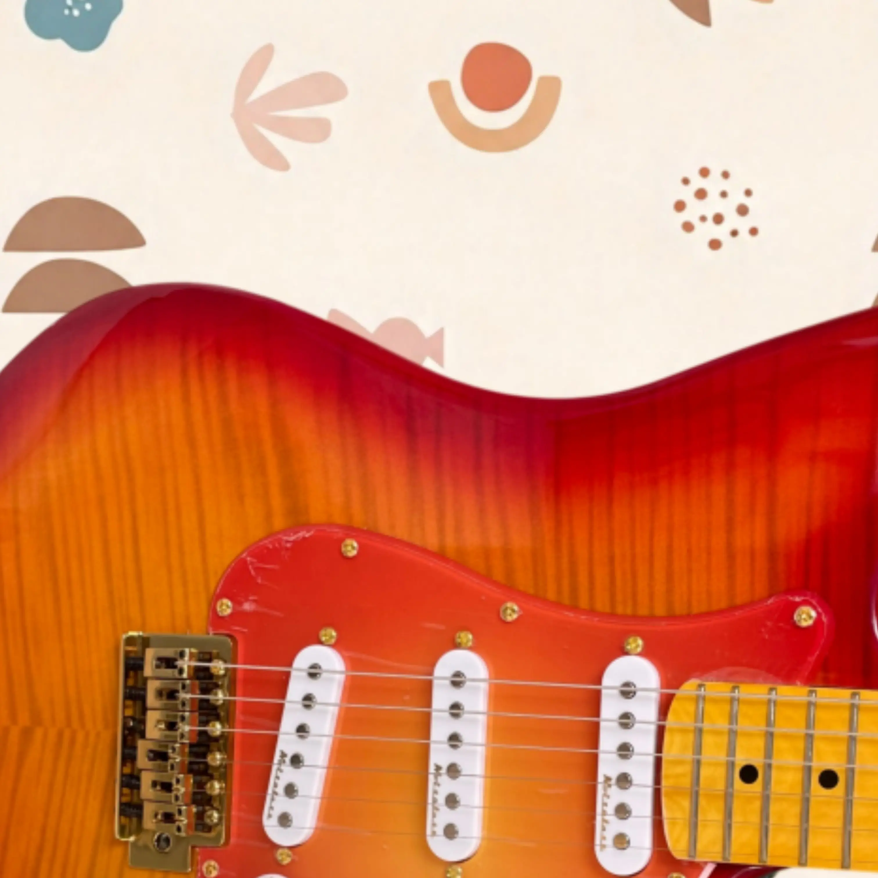 Sunset Red Orange Veneer 6 String Electric Guitar,Gloss Finish,Gold Hardware Guitars,Great for Performance & Collection Guitarra