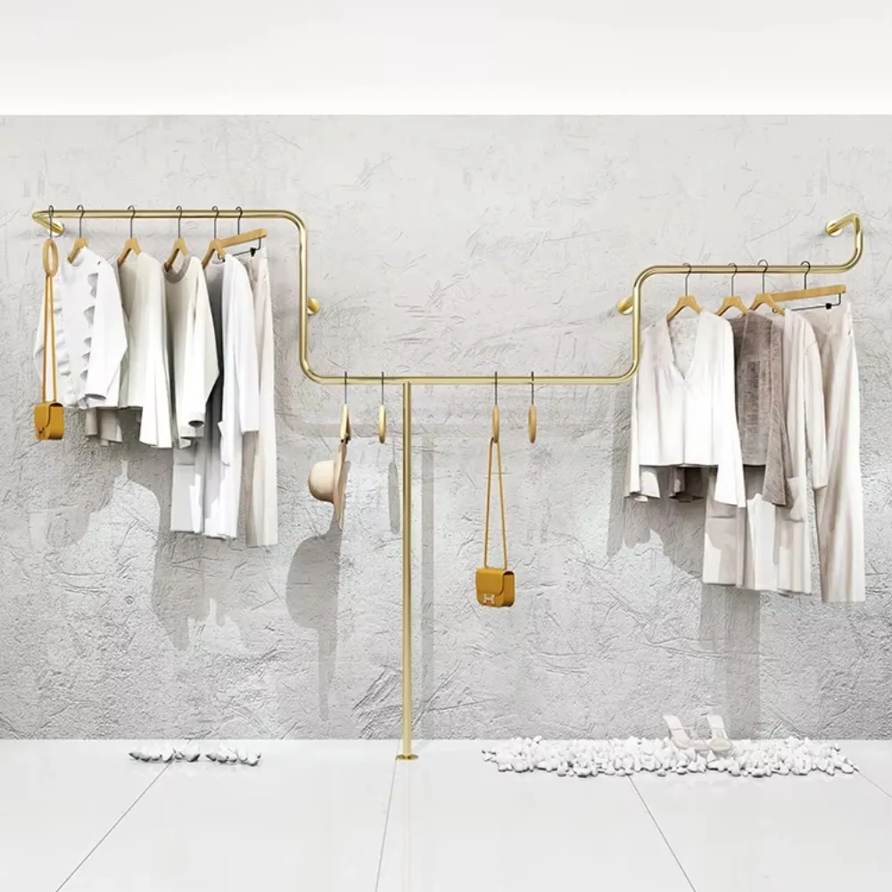 Wholesale Stainless Steel Shiny Gold Boutique Clothing Wall Mounted Racks for Washable