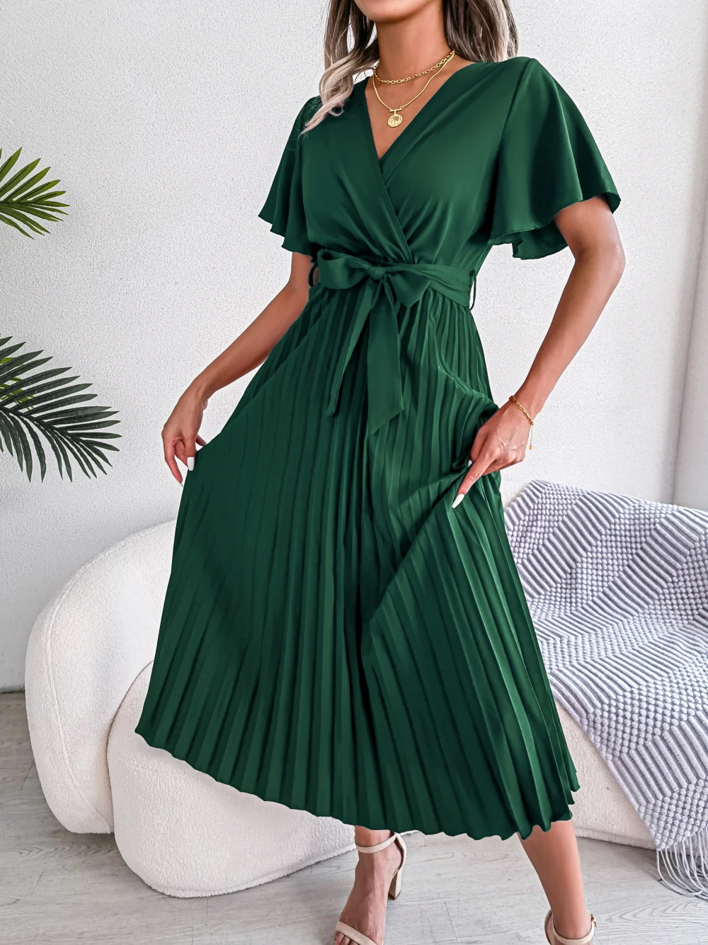 Women Summer Casual V Neck Short Sleeve Pleated Chiffon Maxi Dress Black Red Green Clothing