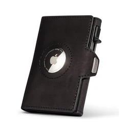 Crazy Horse Skin Wallet Men's Minimalist Ultra Thin Metal RFID Card Holder Air Tag Cover