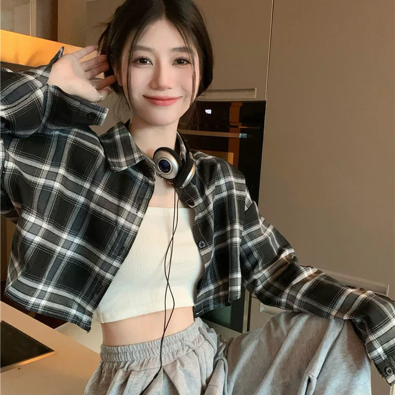 Xpqbb Vintage Plaid Shirts for Women Korean High Waist Loose Cropped Blouse Ladies Fashion Streetwear Sun Protection Crop Tops