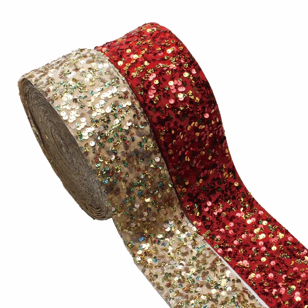 Golden and Red 3'' 75mm Velvet Sequin Ribbon for DIY Hairbows Accessories 20yards/lot