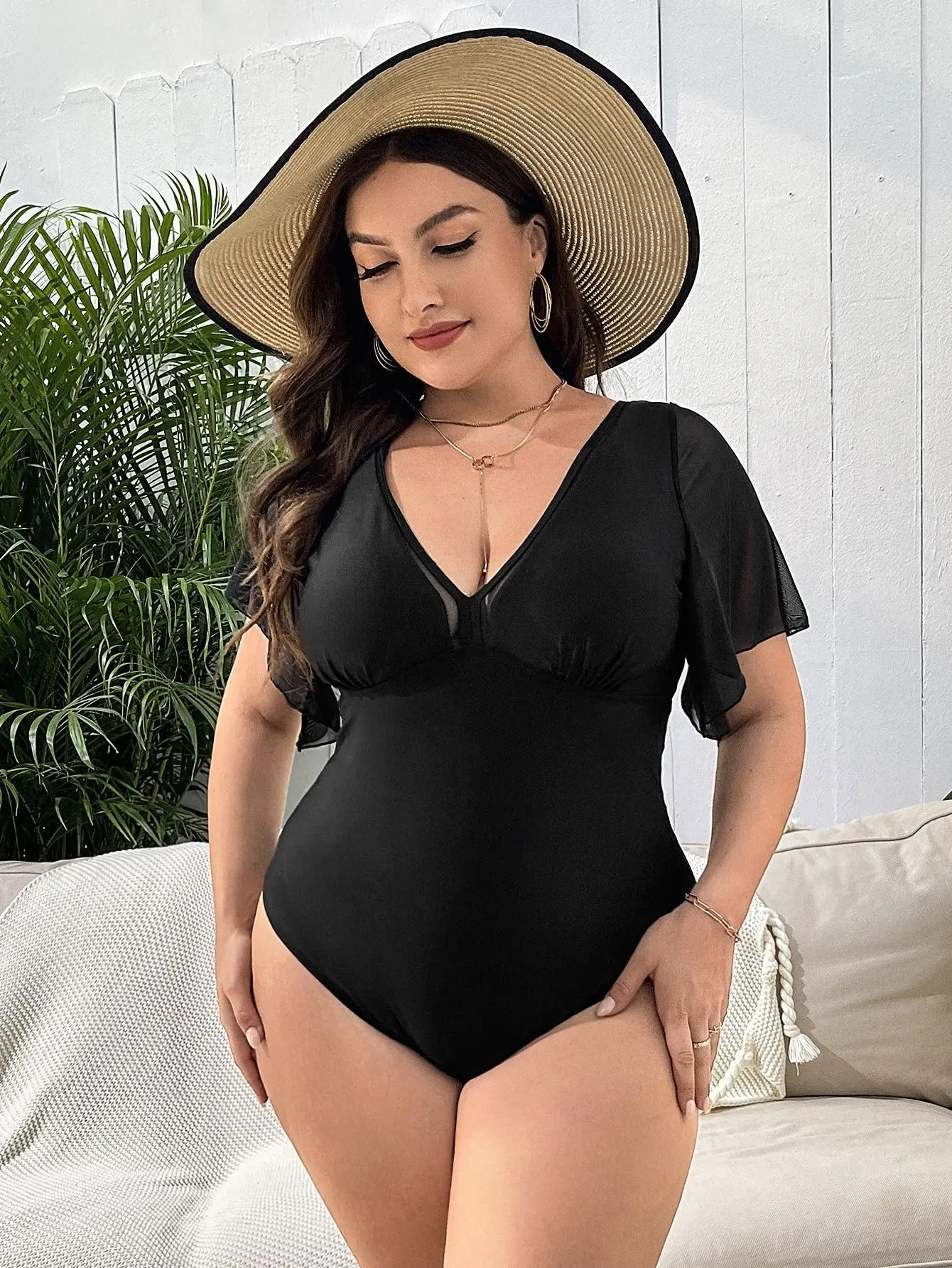 Plus Size Swimwear 2024 Women Swimsuit One Piece Monokini V-Neck Solid Sexy Tummy Control Bathing Suit