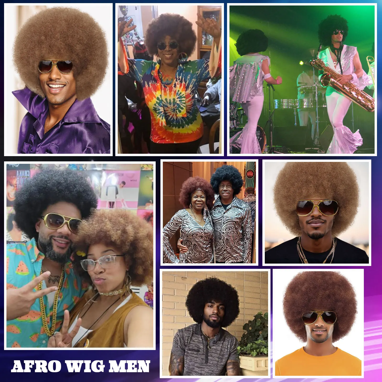 Mens Afro Wig for 70s Rocker Disco Party 5pcs Set Synthetic Afro Puff Wig for 70s 80s Halloween Costume Cosplay Party Use image 6