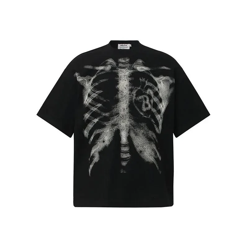 American Style Trendy Skeleton Print Male T-shirt Loose Casual Versatile Tees 2026 Spring New Short Sleeve Tops ZA35