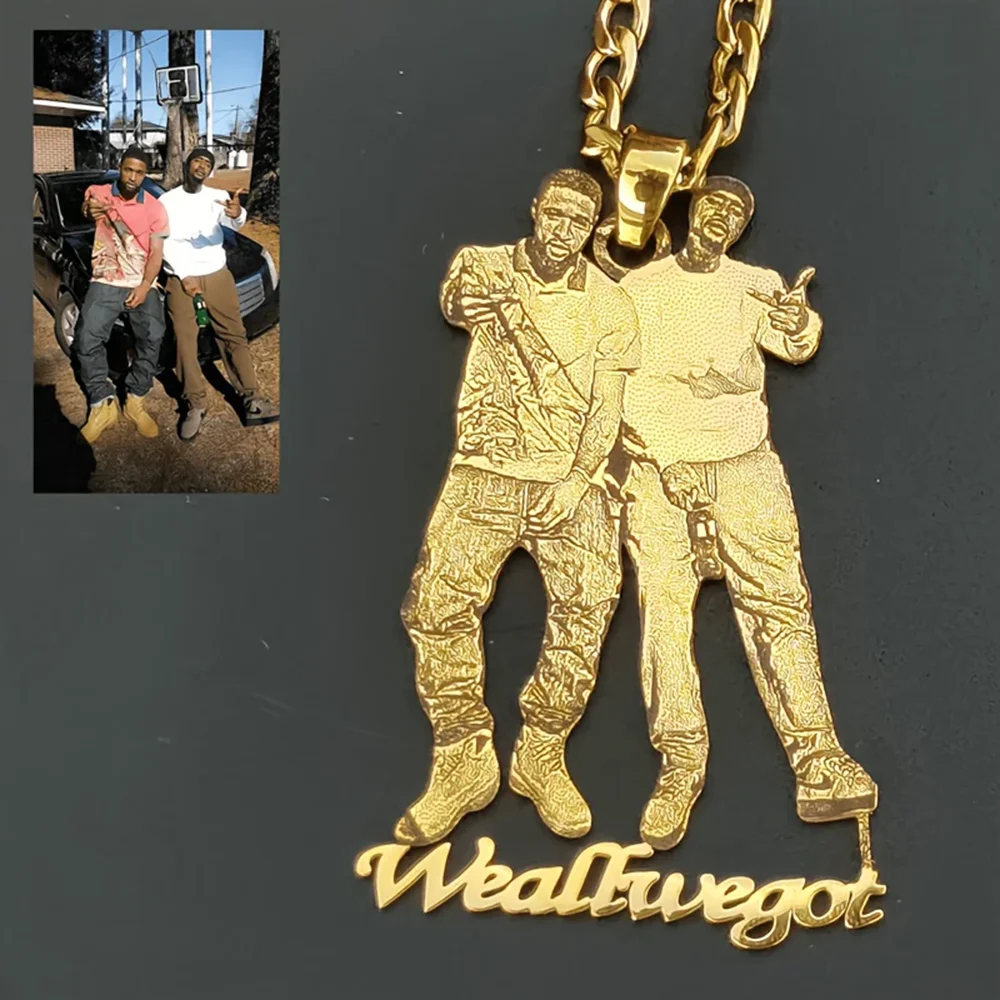 Exquisite metal portrait necklace, customizable with engraving for unique charm.
