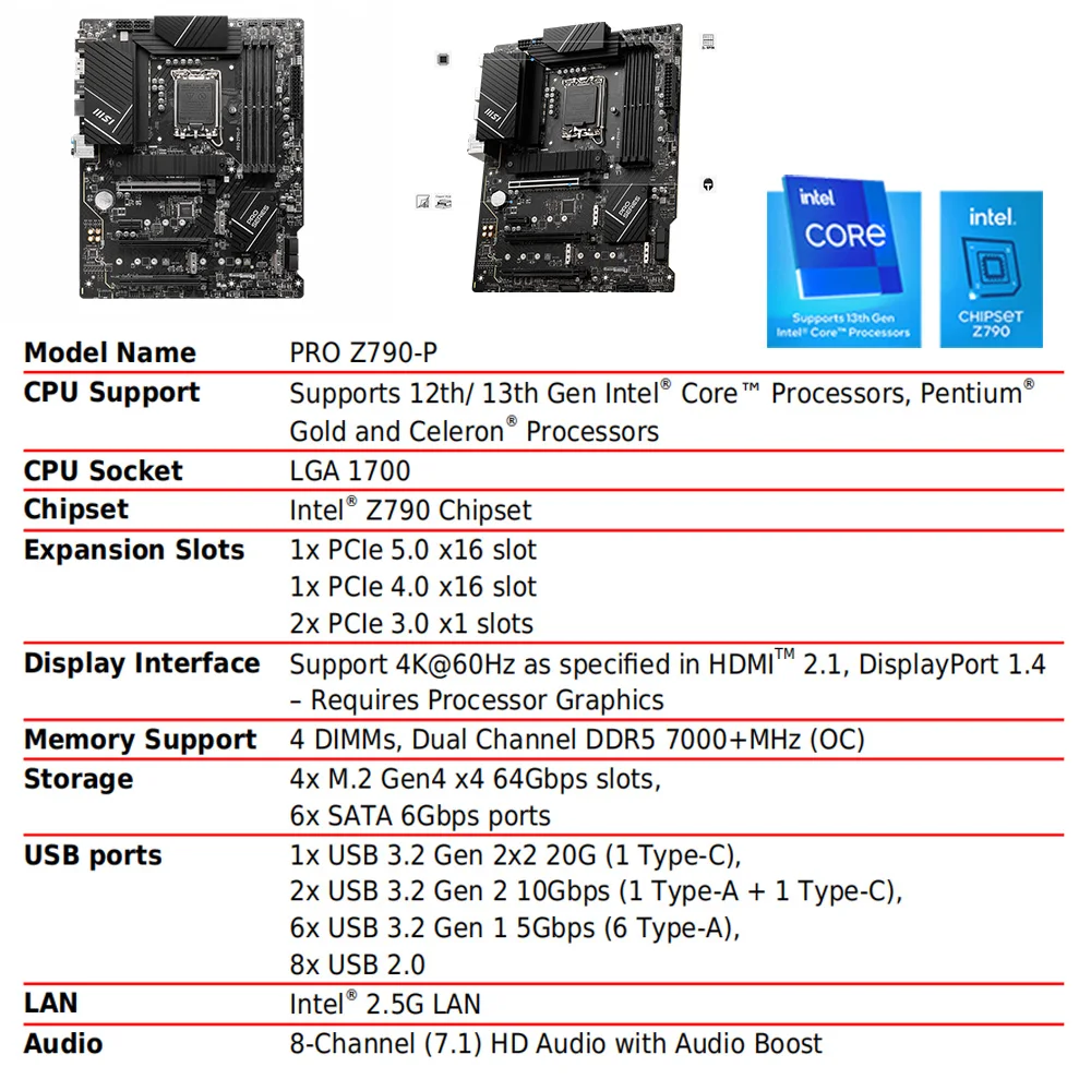 Msi pro Z790-P lga 1700 placa-mãe z790 intel computador gaming desktop mainboard 128gb ddr5 para intel 13th gen i5 i7 i9 cpu novo Placas-mãe de jogos para PC originais suportam processadores Intel Core de 13ª geração