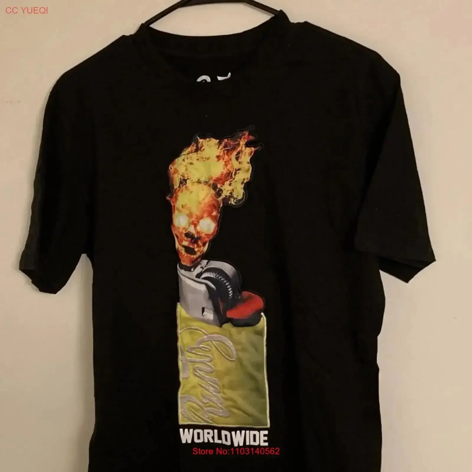 Camiseta Runtz Worldwide para hombre con estampado de calavera flameante, negra, talla M, estilo vintage lavado, ropa de diseñador, informal, vintage, lavada.