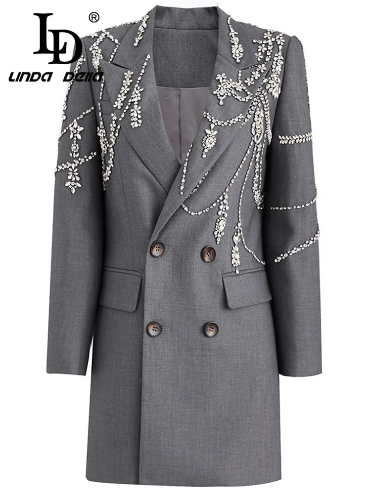 LD LINDA DELLA Autumn winter Vintage Runway Coat Women's Gray Double-breasted luxury Nail Bead Tassel Pockets Slim Fit MIDI Coat