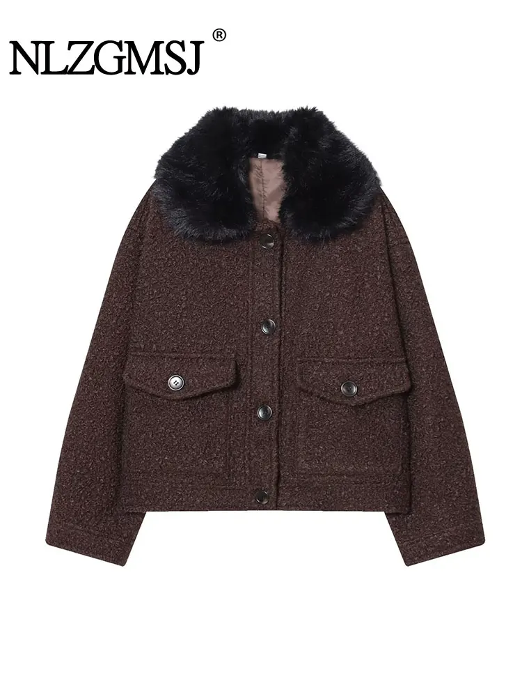

NLZGMSJ женское пальто с карманами, осень-зима 2021, модная куртка с длинными рукавами и воротником из искусственного меха, повседневная модная универсальная новая верхняя одежда