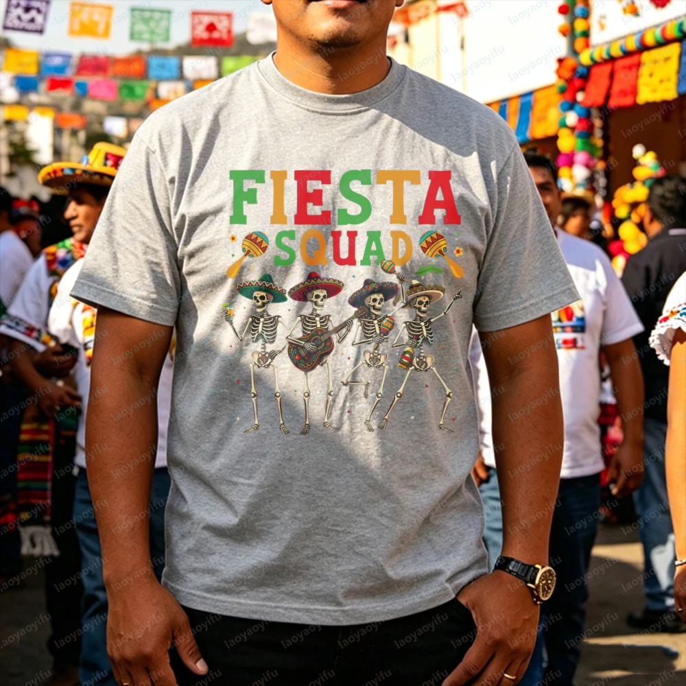 

Cinco De Mayo Skeleton Mariachi Party Cotton T-Shirt Tequila Sombrero Guitar Fiesta Music Harajuku Men Clothing Graphic T Shirts