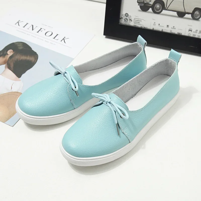 New Women Real Leather Shoes Lace-Up Moccasins Mother Loafers Soft Leisure Flats Female Driving Casual Footwear White Black Pink